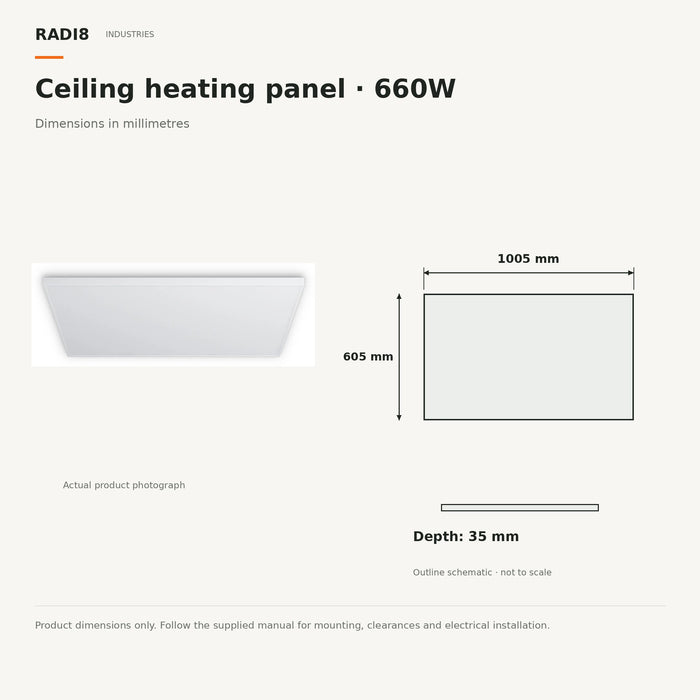 Panneau chauffant infrarouge à fixation plafond | (1005 x 605 mm) 660 W