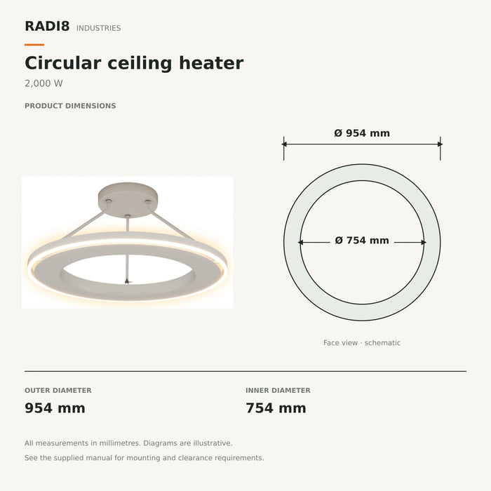 Chauffage infrarouge circulaire de plafond – 2000 W | (1000 mm) – Thermostat intégré et Wi-Fi 