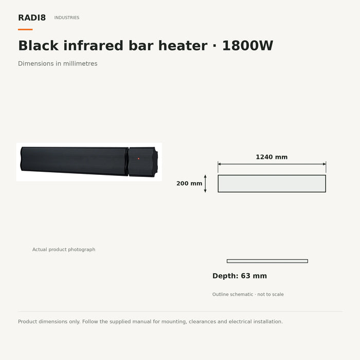 Barre chauffante infrarouge de 1,2 m | Sans télécommande | 1800 W 