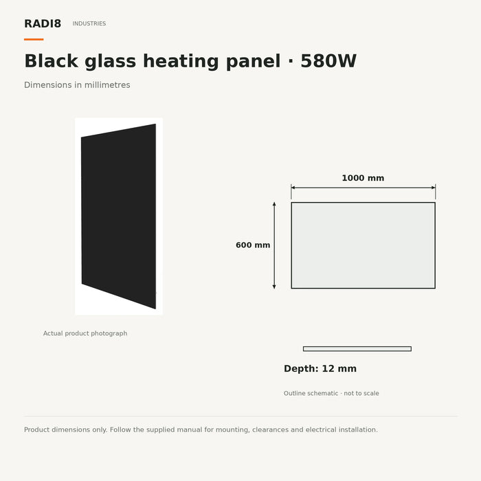 Infrared Heating Panel (1000×600) | Rectangular Glass | Series Black | 580w