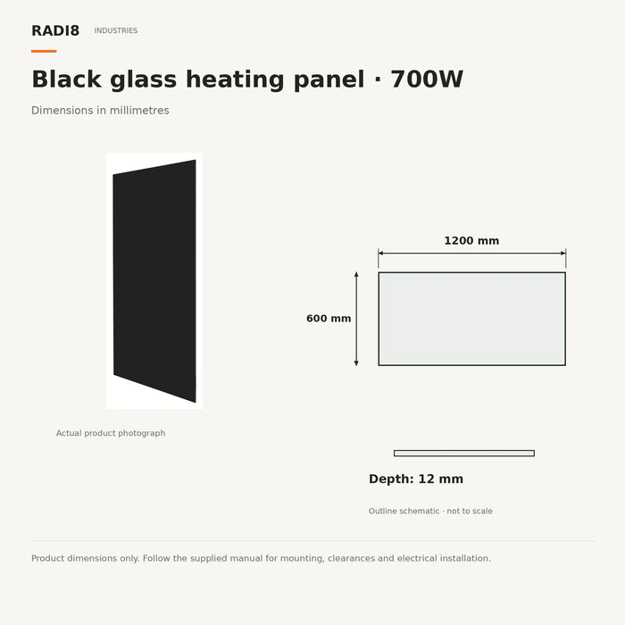 Infrared Heating Panel (1200 × 600) | Rectangular Glass | Series Black | 700w