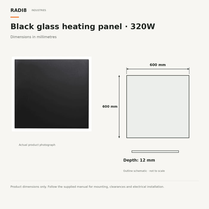 Infrared Heating Panel (600×600) | Square Glass | Series Black | 320w