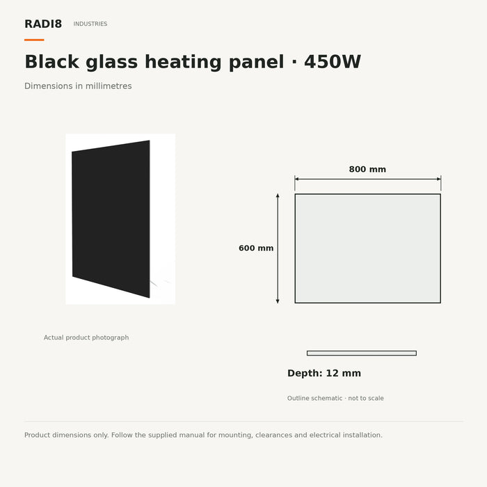 Infrared Heating Panel (800×600) | Rectangular Glass | Series Black | 450w