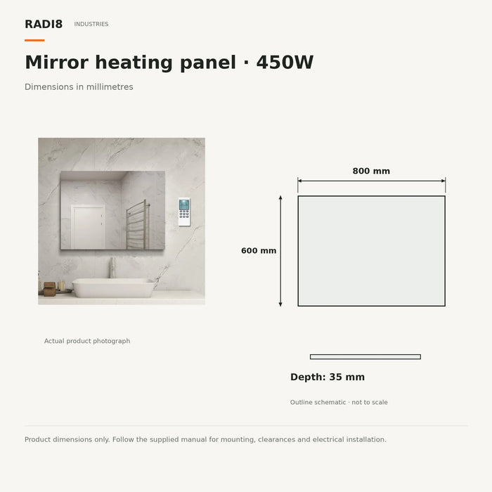 Infrared Mirror Heating Panel (800 x 600) | 450w | Built in Thermostat- Remote Control