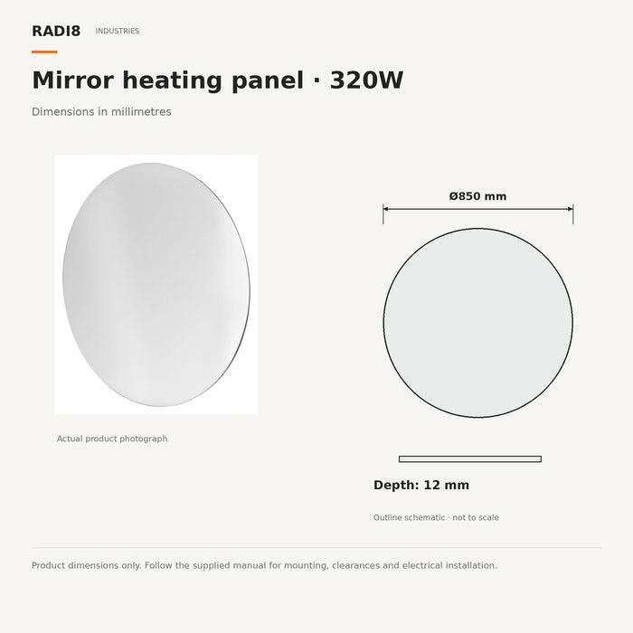 Panel calefactor infrarrojo (850 mm) | Calefactor para espejo redondo de 320 W 