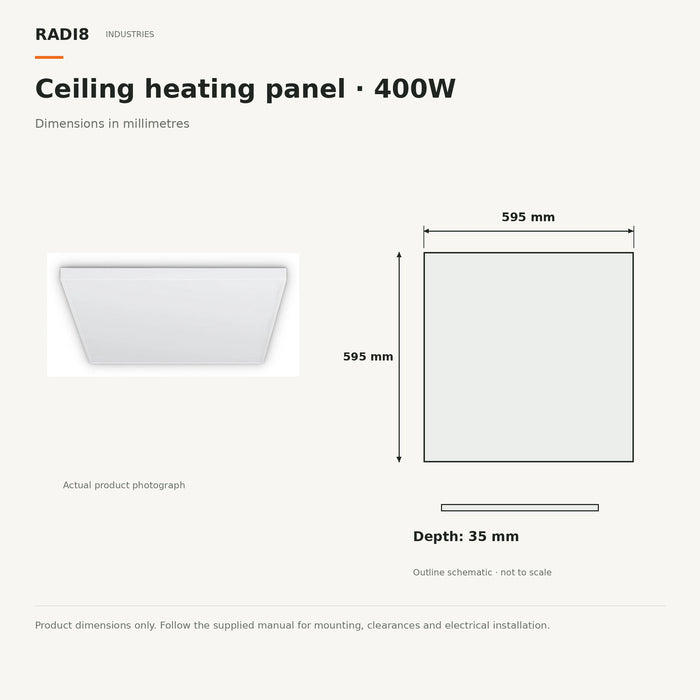 Panneau chauffant infrarouge à fixation plafond | (595 x 595 mm) 400 W